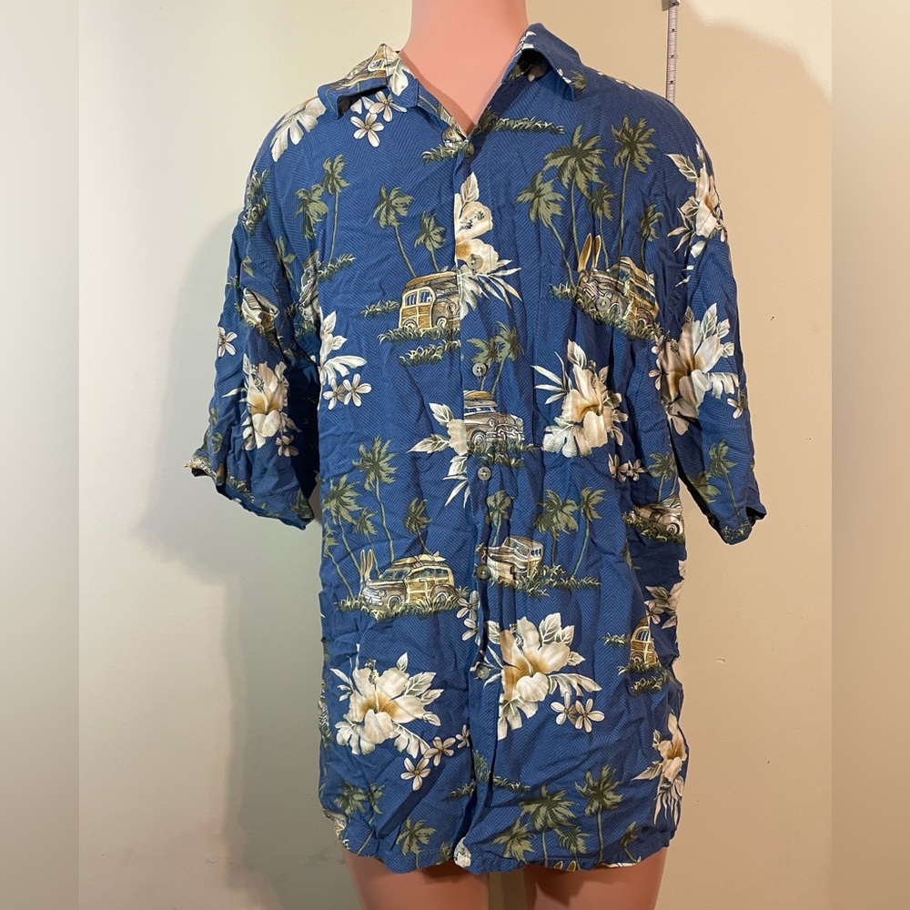 Pierre Cardin camp Shirt men’s large Hawaiian flowers van w/ surfboard blue‎